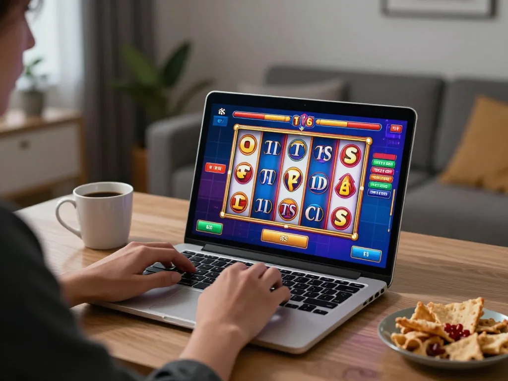 Bermain toto slot yang menarik di laptop di rumah dengan tampilan yang berwarna-warni.