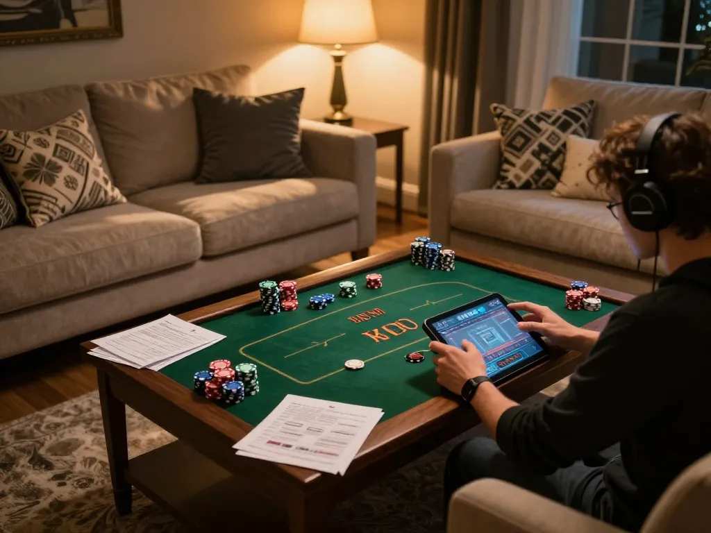 Engaged gambler using 888bgo in a cozy home setup with strategy notes visible.