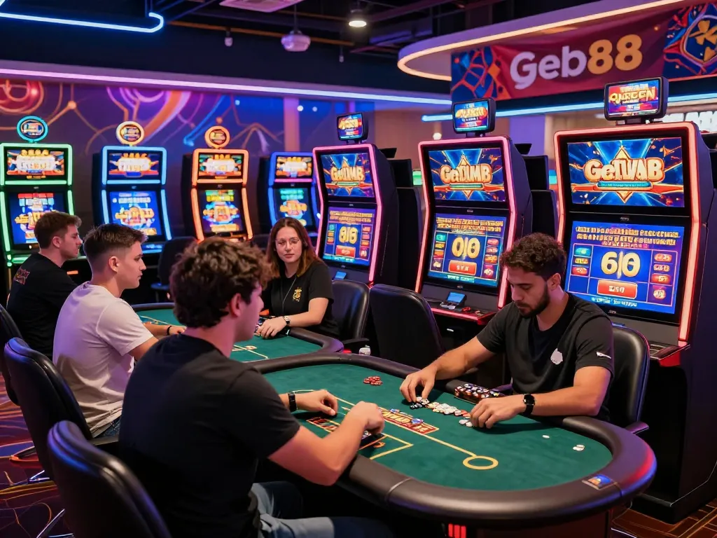 Exciting gem88 online gaming environment with diverse players enjoying casino games, featuring vibrant virtual graphics and promotions.