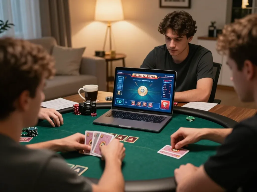Engaging poker gameplay on 12play's online platform in a cozy home setting.