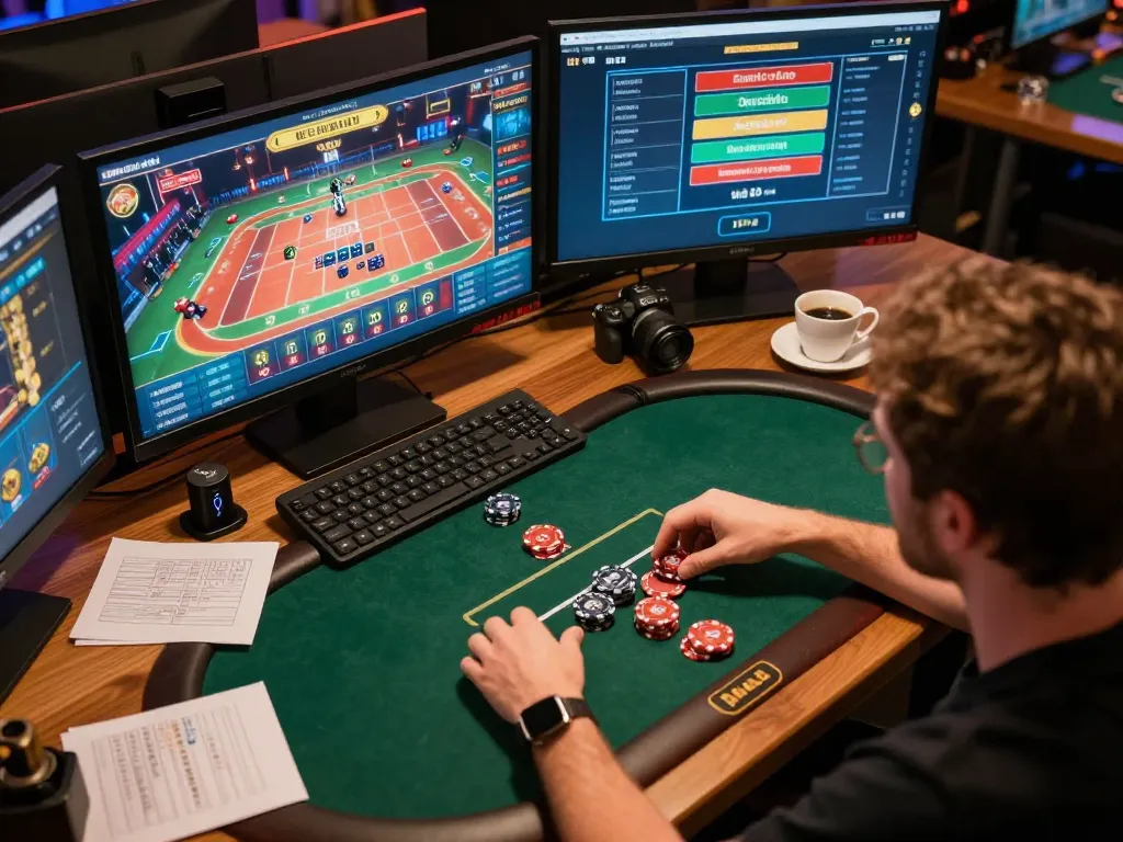 Player strategizing for RR99 online games with multiple screens, vibrant setup.