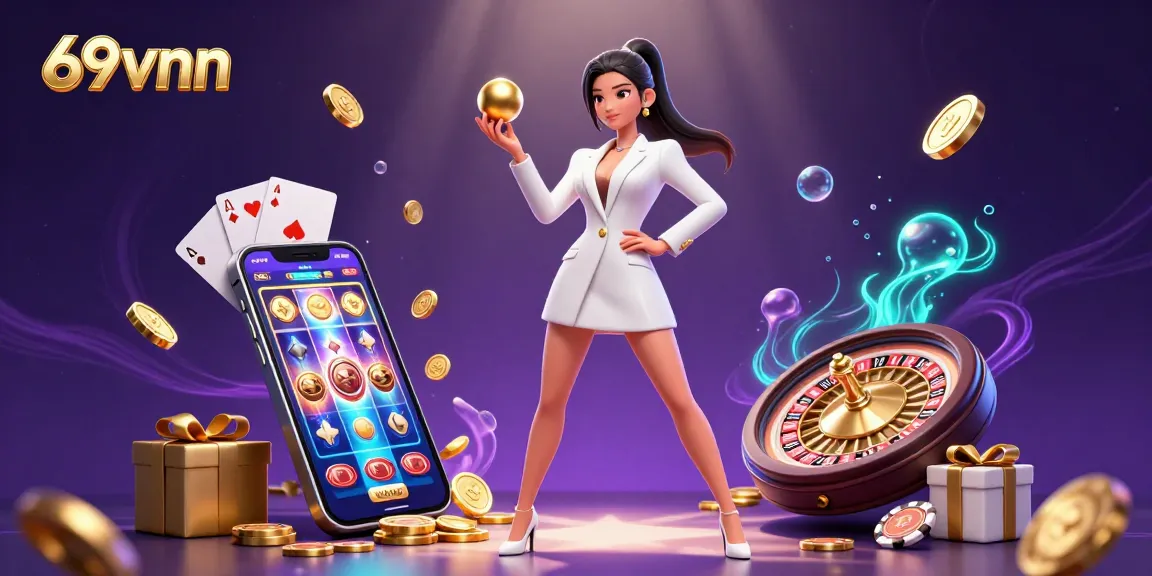 Experience the thrill of 69vnn casino games with a glamorous Asian woman posing confidently amidst dynamic gambling elements.