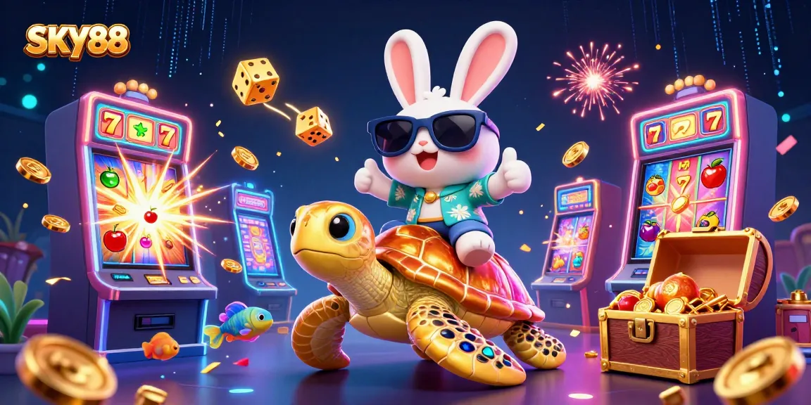 Engage with exciting SKY88 slot games and vibrant casino themes in this colorful 3D illustration.