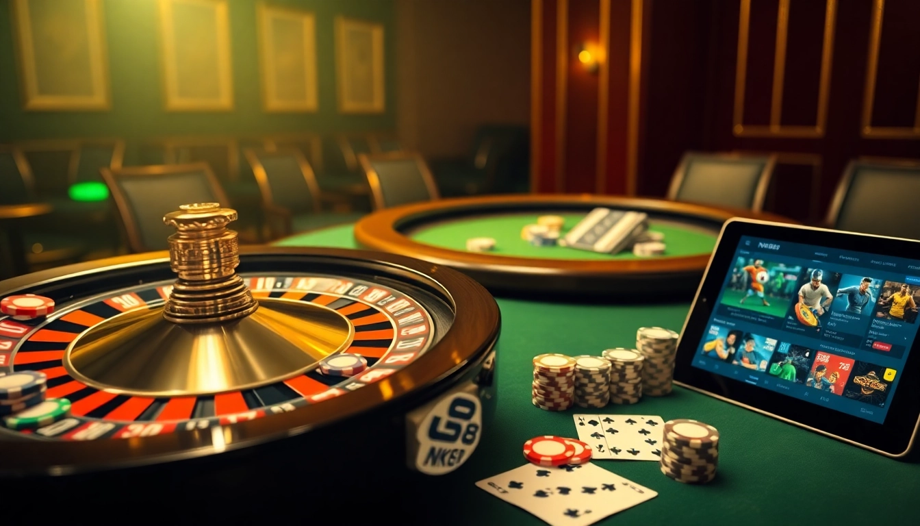 Experience the thrill of NK88 with vibrant casino visuals, featuring poker and roulette excitement.