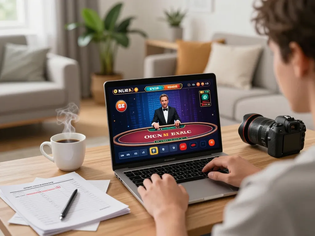 Engaging in online casino gaming at FLY88 with a cozy home setup featuring strategic notes and a dealer.