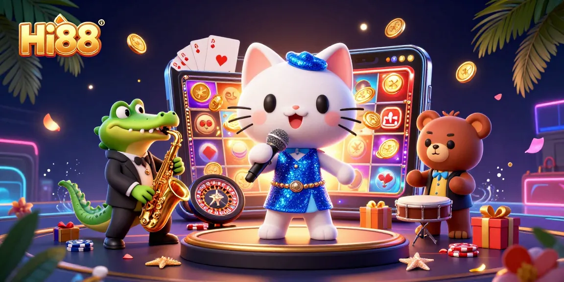 Experience fantastic gaming at Hi88 with jazz-singing cat and colorful slot thrills!