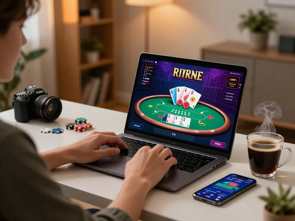 Player enjoying online casino gaming at XX88 on laptop with poker interface visible.