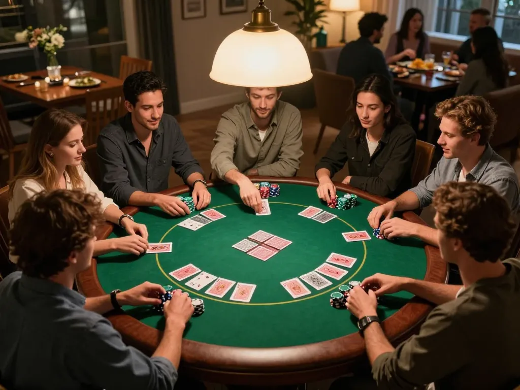 Enjoying a home poker night with friends, showcasing the strategy behind sun win gameplay and camaraderie.