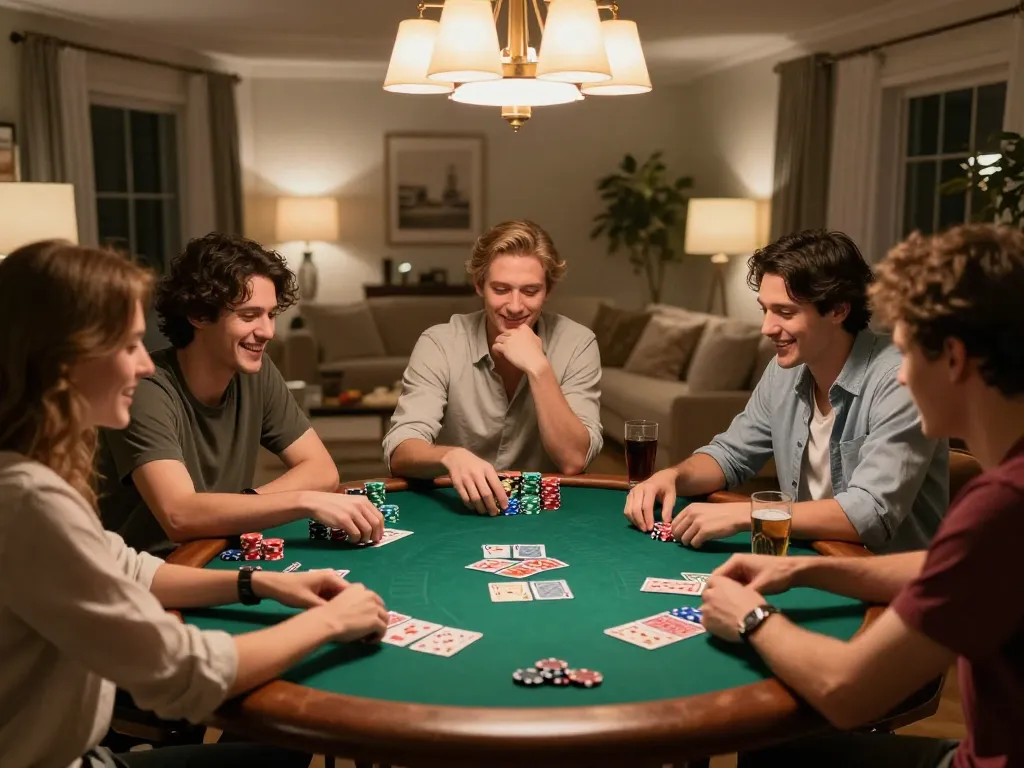 Friends enjoying a lively poker night scene with sunwin20 chips and cards on the table