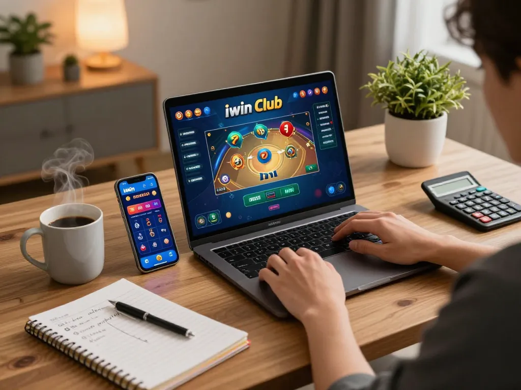 Person enjoying an online gaming session on iwin club, showcasing strategic gameplay with a cozy setup.
