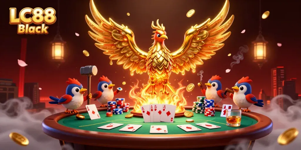 Experience thrilling gameplay at LC88 Black with a golden phoenix amidst a dynamic poker scene.