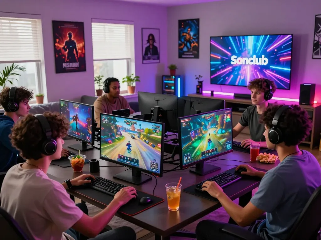 Friends enjoying gaming with Sonclub at home, vibrant atmosphere with games and snacks.