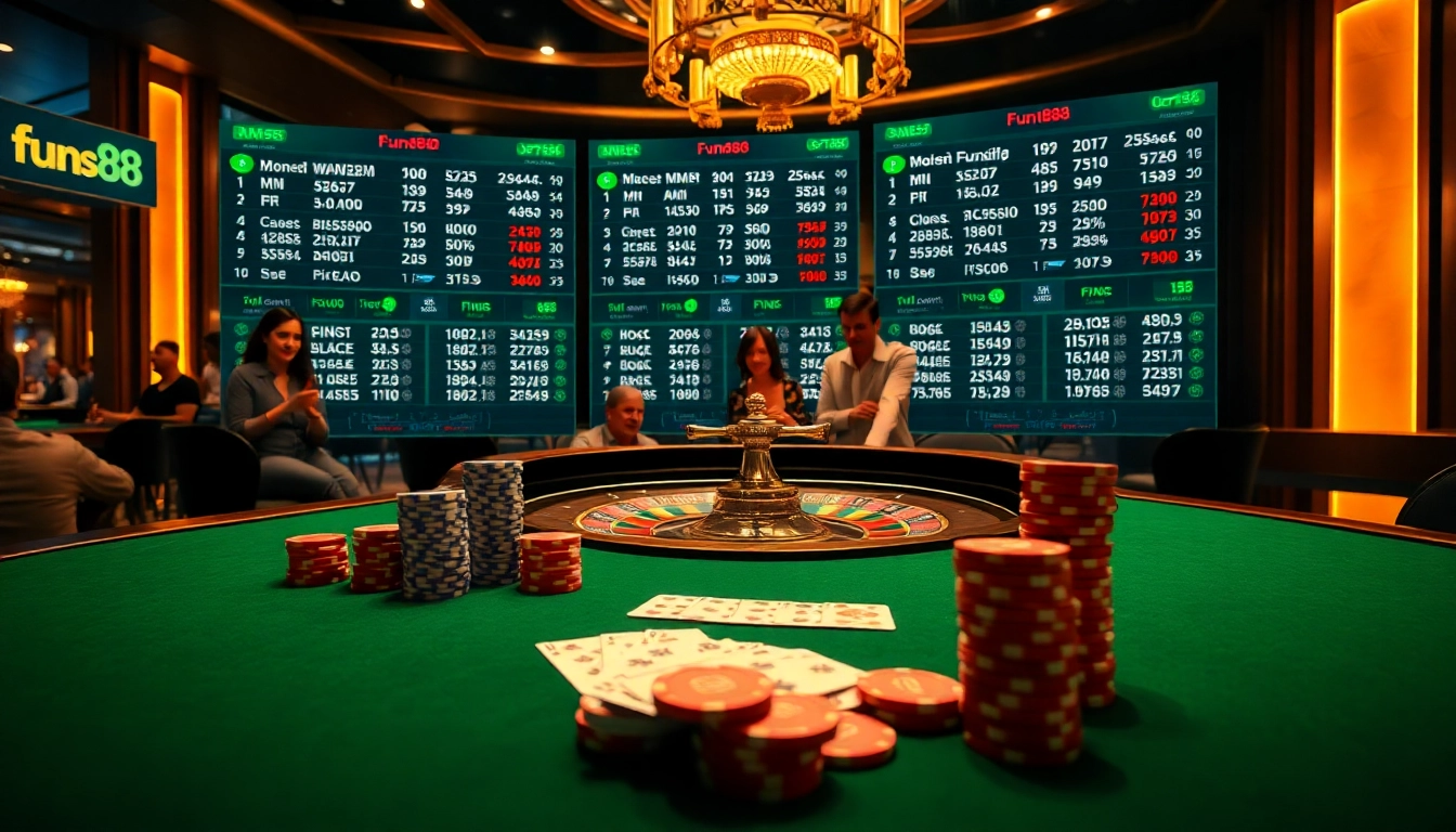 A thrilling casino scene showcasing fun88 with poker chips and a roulette wheel, capturing the excitement of online gambling.