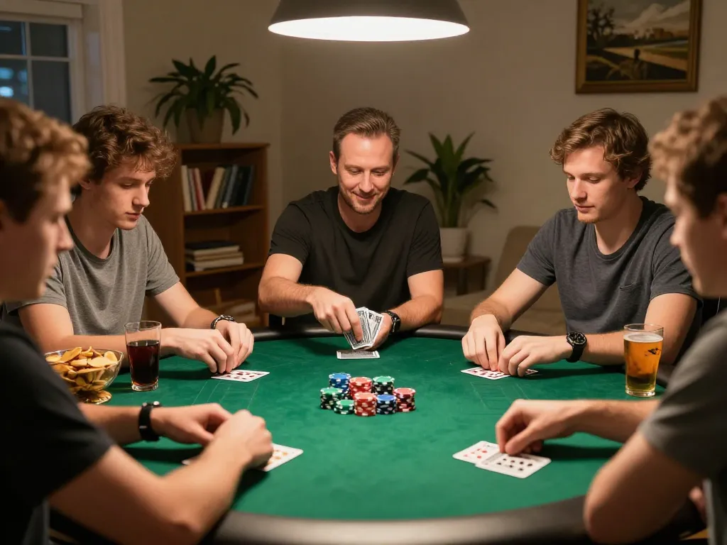 Engaged players at a poker table during a home game night showcasing nhà cái uy tín Sunwin
