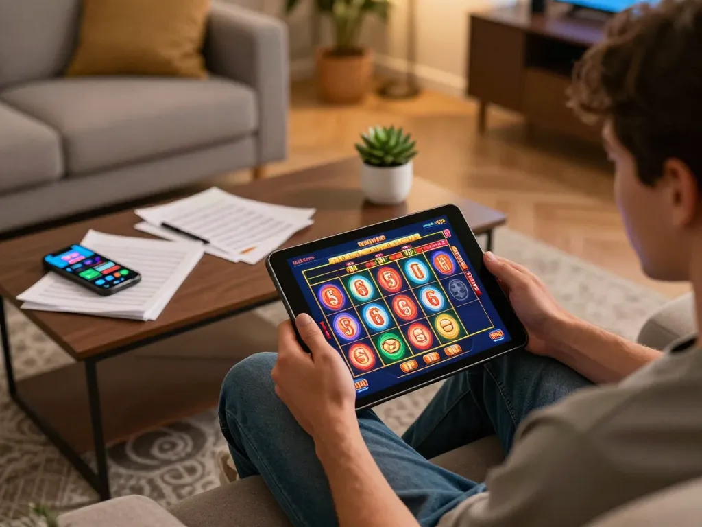 Player enjoying slots at home on f8betz tablet, showcasing fun online gambling experience.