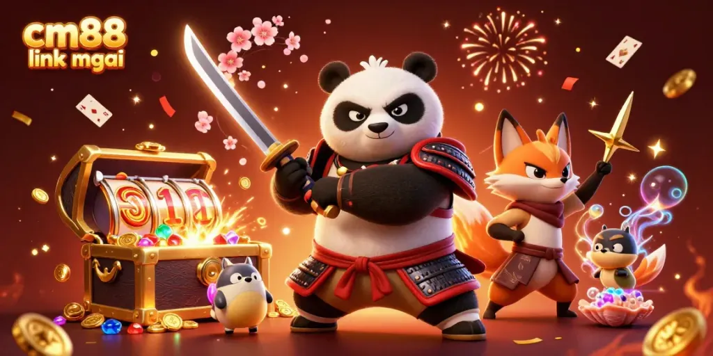 Engaging cm88 link mới branding with a cartoon samurai panda and ninja fox amidst dynamic casino elements.