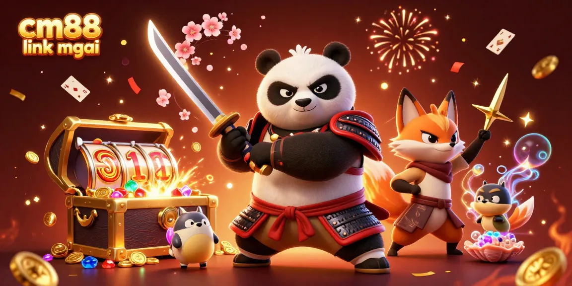Engaging cm88 link mới branding with a cartoon samurai panda and ninja fox amidst dynamic casino elements.
