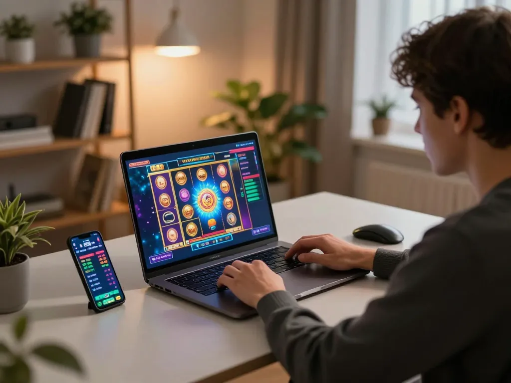 Player enjoying 789win online gaming with laptop, showcasing a responsible gambling environment