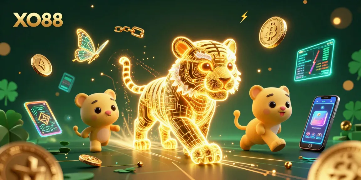 Engage with XO88's vibrant 3D casino world, illuminated by neon cryptocurrencies and dynamic game elements.