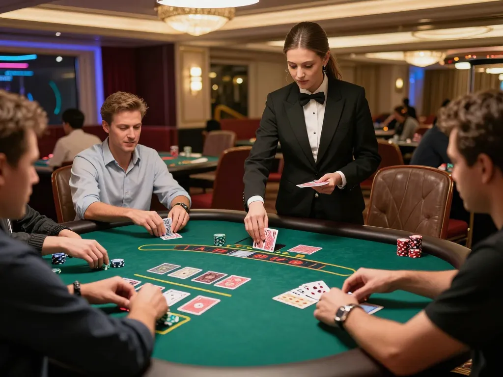 Engaged players placing bets at Fly88 rocks blackjack table in upscale casino atmosphere.