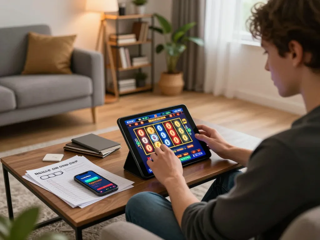 Engaged player experiencing lode88 online gaming on tablet in a cozy living room.
