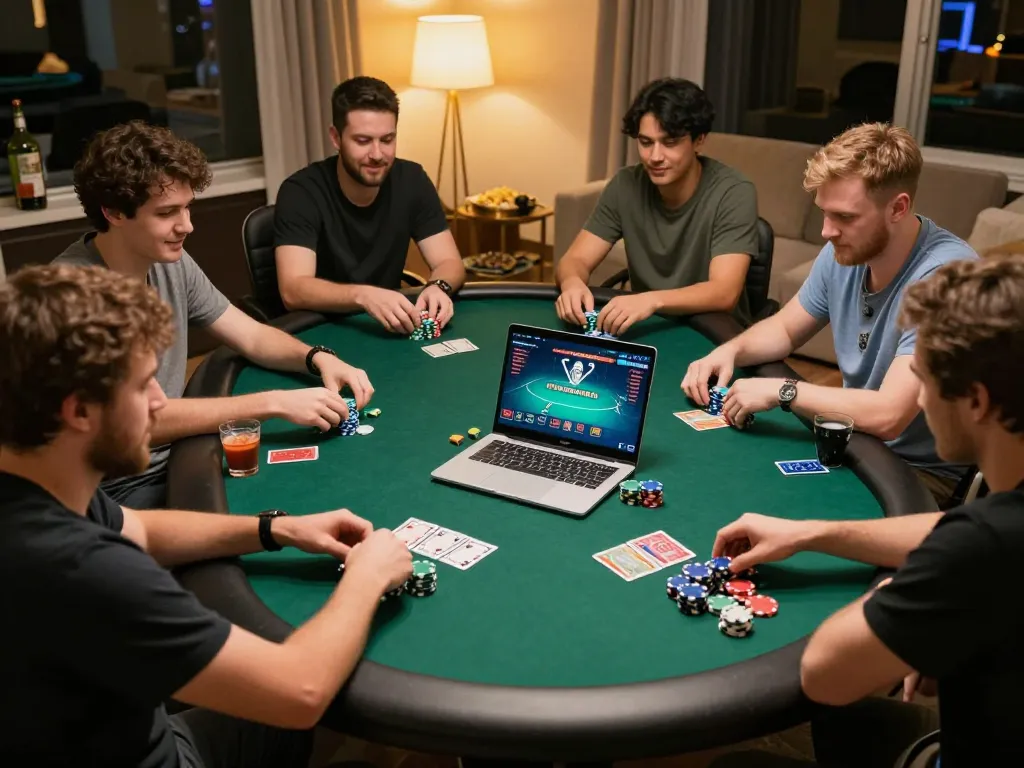 Engaging home poker night scene showcasing players immersed in online casino action with nhacaiuytinn keyword.