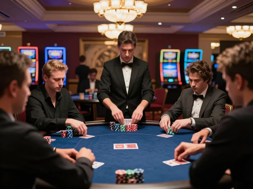 Intense poker gameplay at 789betgo casino, showcasing players and professional dealer.