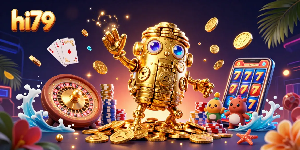 Spin the reels with hi79 in an energetic casino illustration featuring golden golem and vibrant designs.