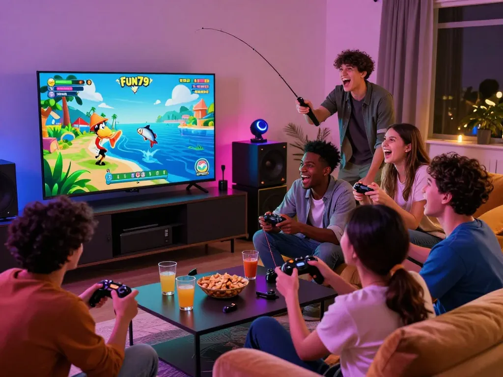 Fun79 gaming night with friends enjoying exciting fishing games together in a vibrant living room.