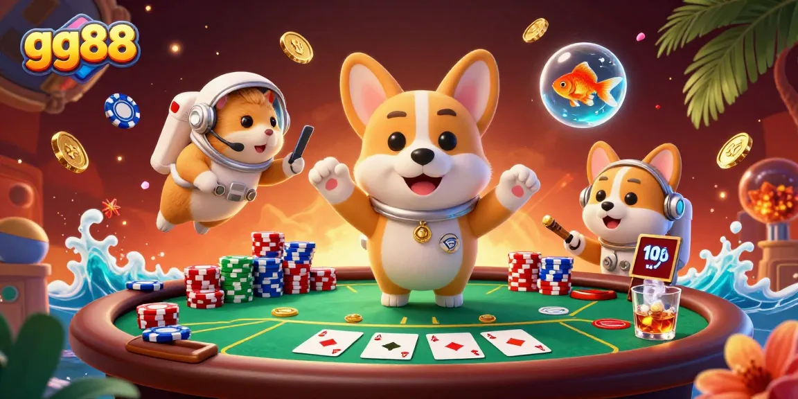 Experience thrilling moments with gg88 as a corgi astronaut floats in a vibrant space station casino.