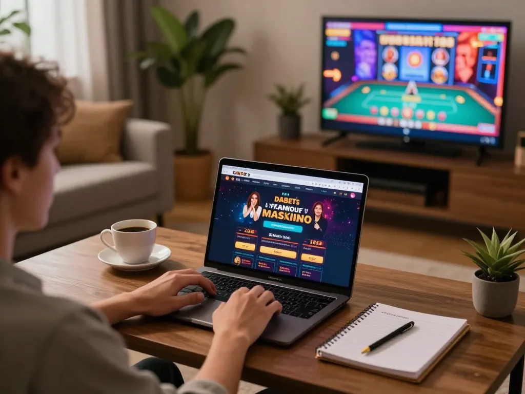 DABET player engaged in online gaming from home, enjoying slots and poker.