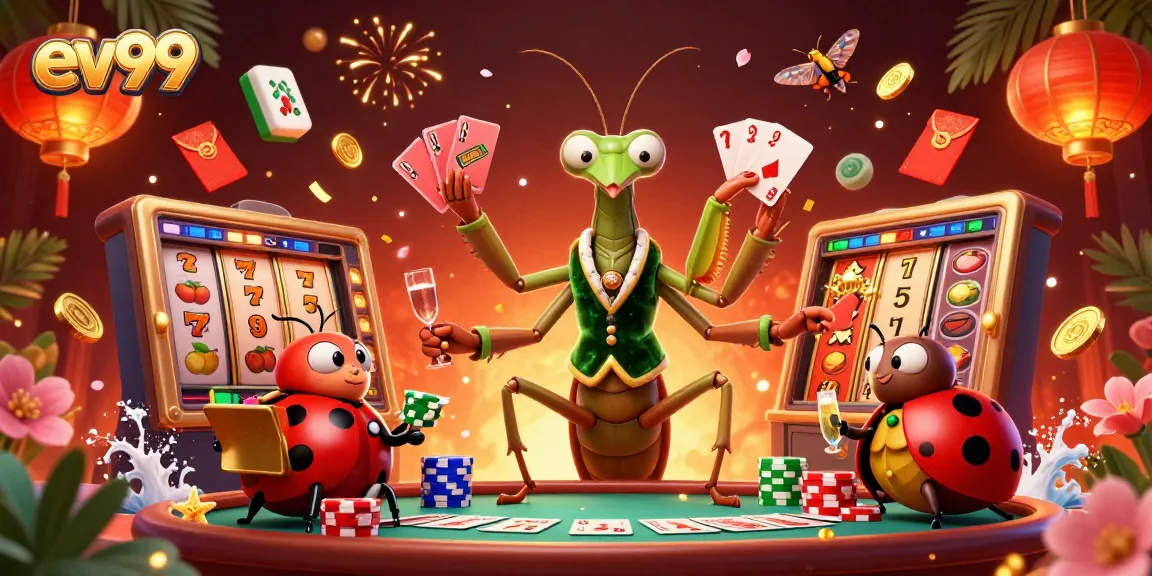 ev99 features a giant praying mantis card sharp dealing in a vibrant casino scene.