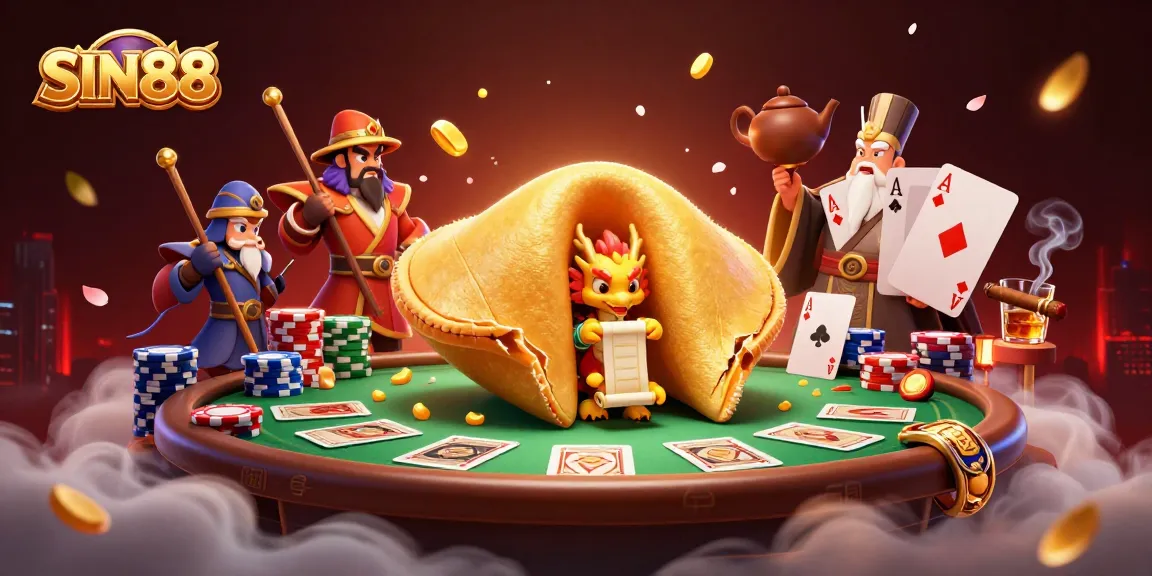SIN88 features a vibrant casino scene with a giant fortune cookie, dragon, and poker elements alive with action.