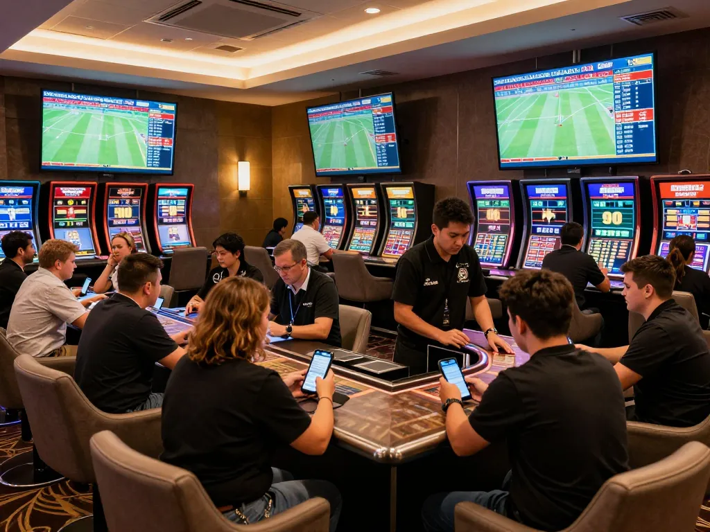 Fabet88z sports bettors analyzing odds and placing wagers in a stylish casino setting.