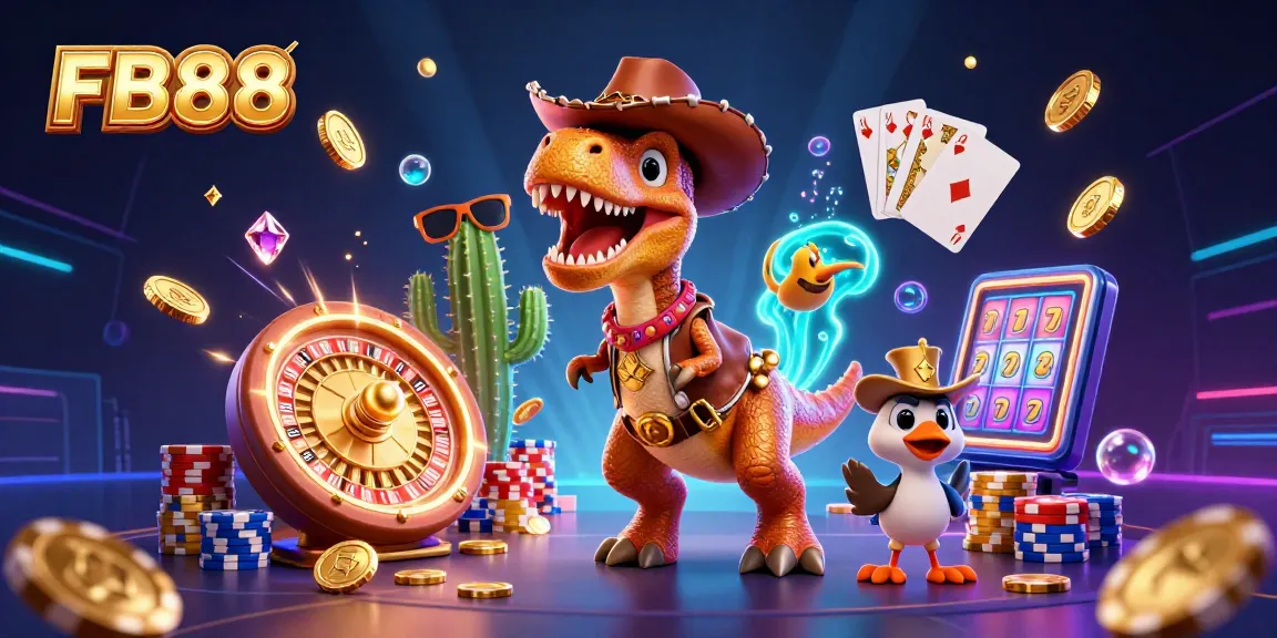 Engage in thrilling games at FB88 with an ultra-detailed rendering of a cartoon cowboy dinosaur and vibrant casino elements.