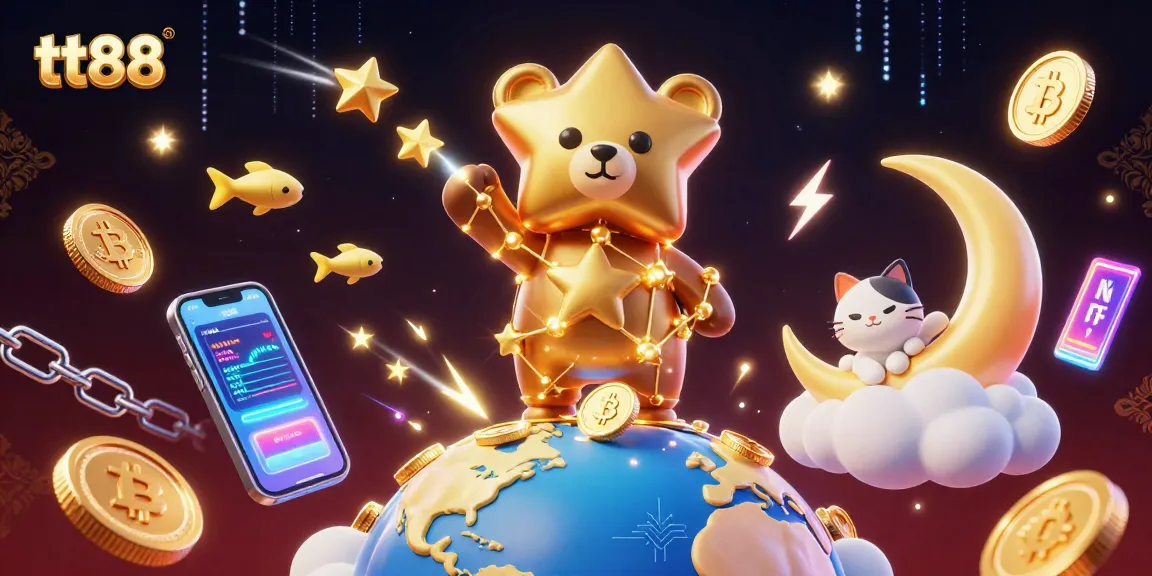Engage with tt88 in a vibrant casino world filled with crypto elements and whimsical characters.