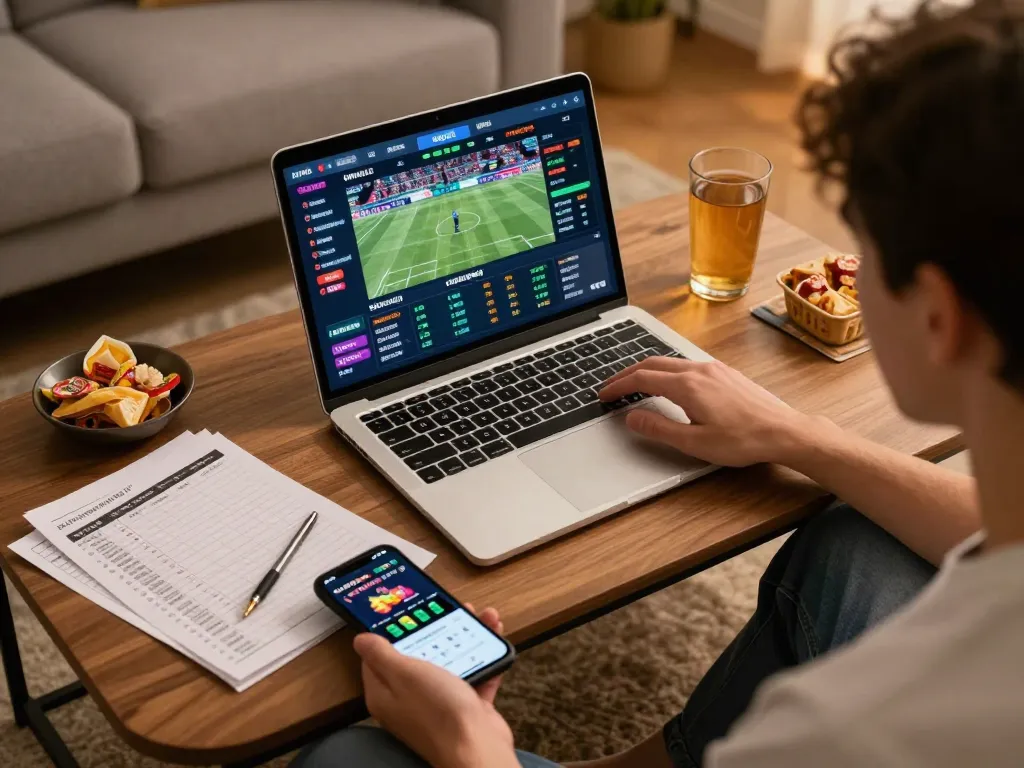 Engaged player using SHBET for sports betting on laptop, showcasing live odds and gaming environment.