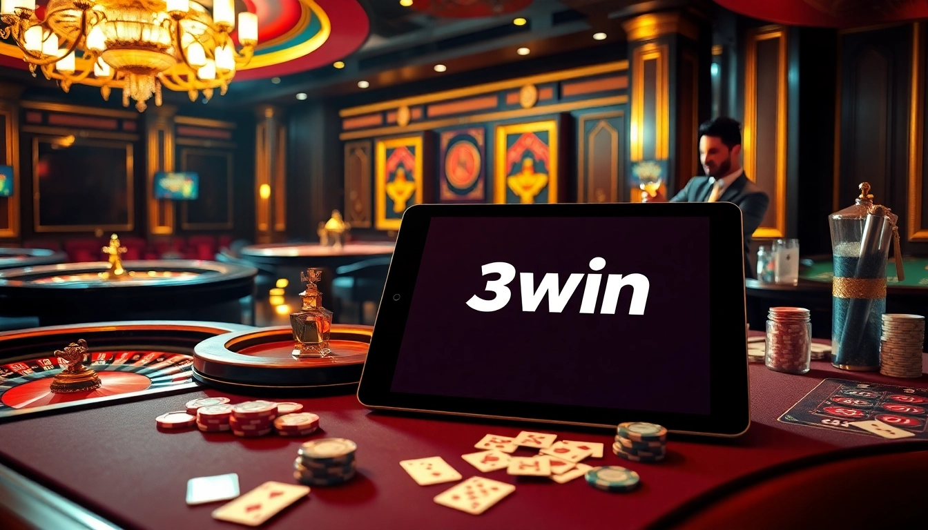 Gambling excitement at 3win casino with vibrant tables, roulette wheels, and poker chips.