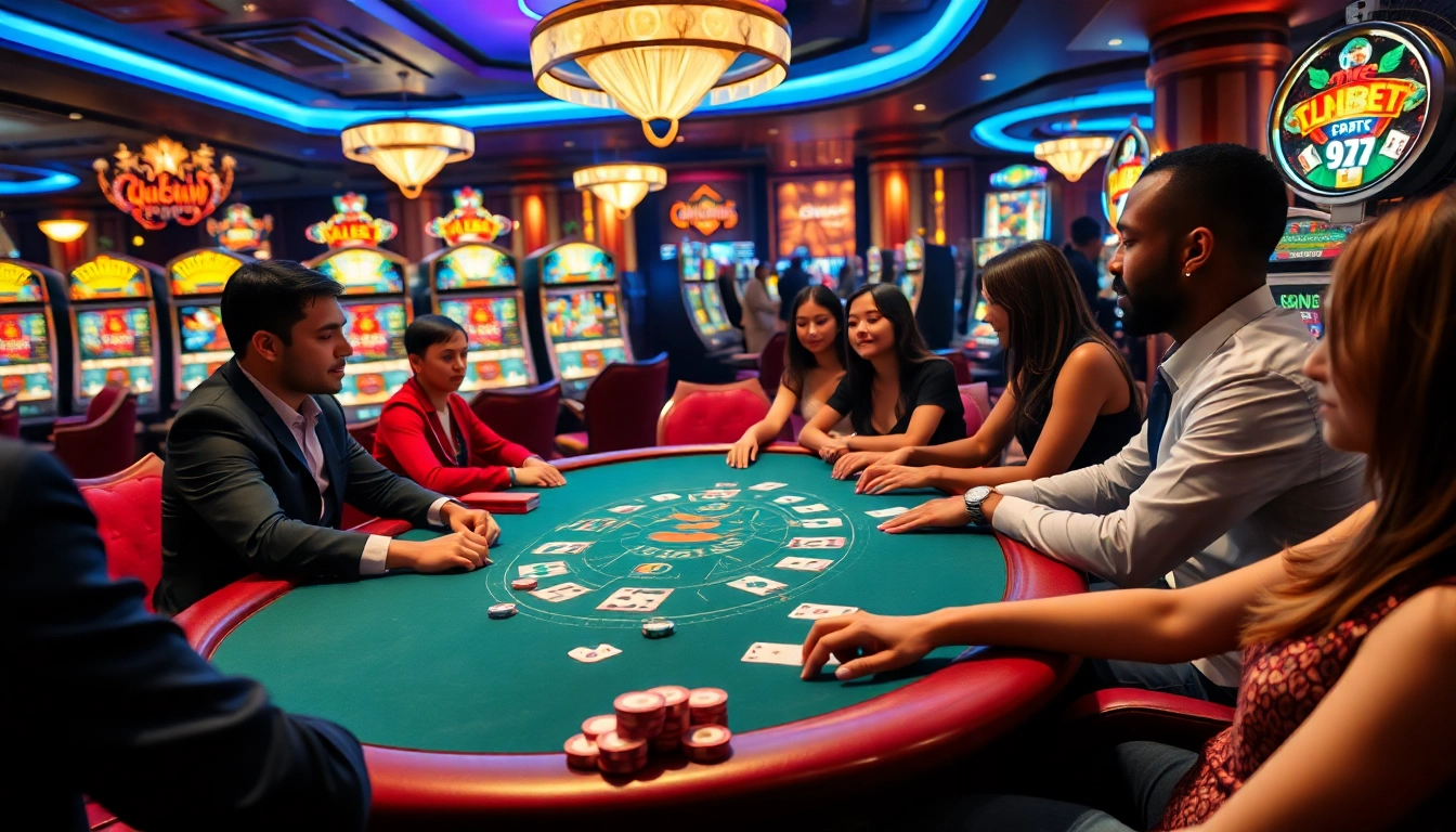 Players enjoying a thrilling poker game at 789F casino with vibrant slot machines in the background.