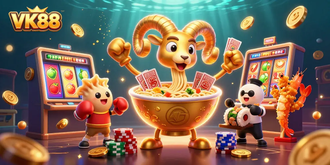 Engage in thrilling gameplay at VK88 with a vibrant casino scene featuring a golden ramen bowl and colorful slots.