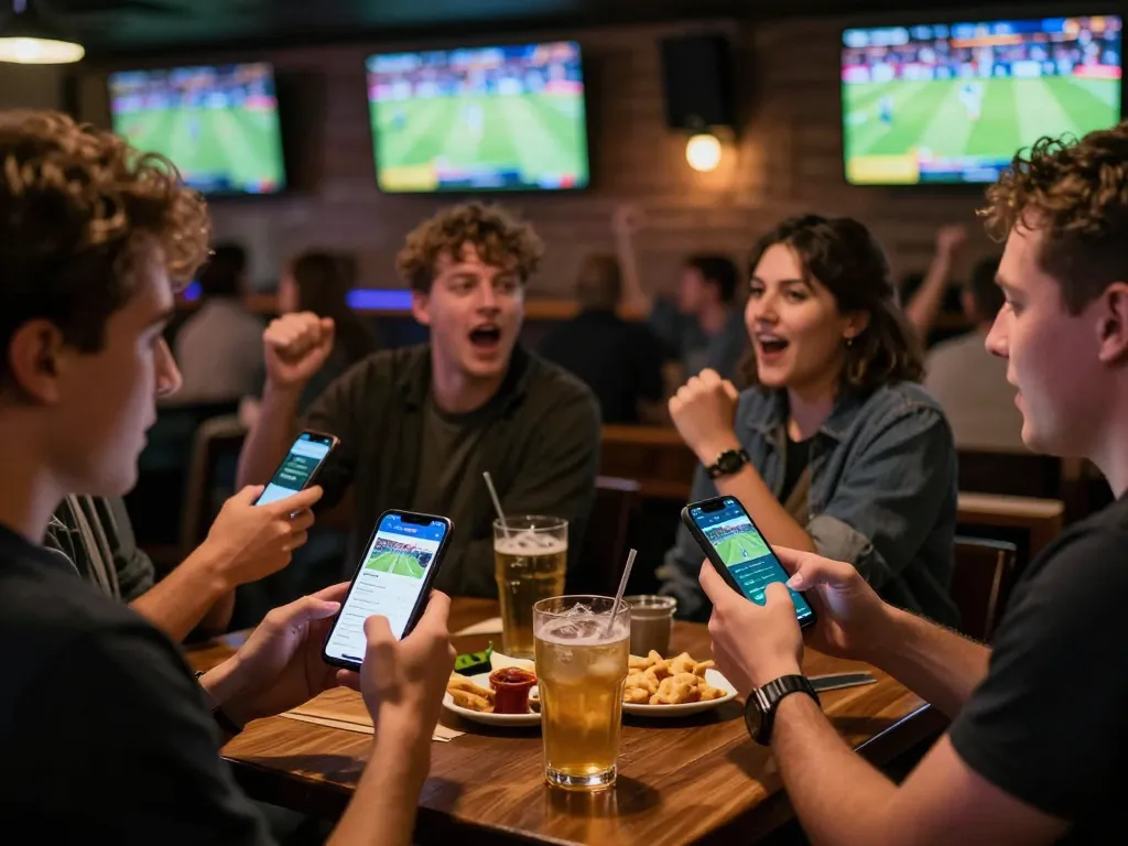 Placing bets on the 789 Club with smartphones during an exciting live sports event, capturing the thrill