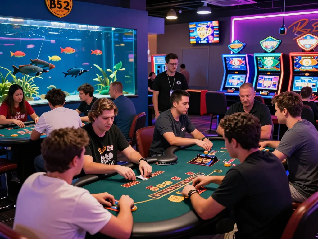 Exciting B52 gaming scene with players at tables, neon lights, and vibrant atmosphere.