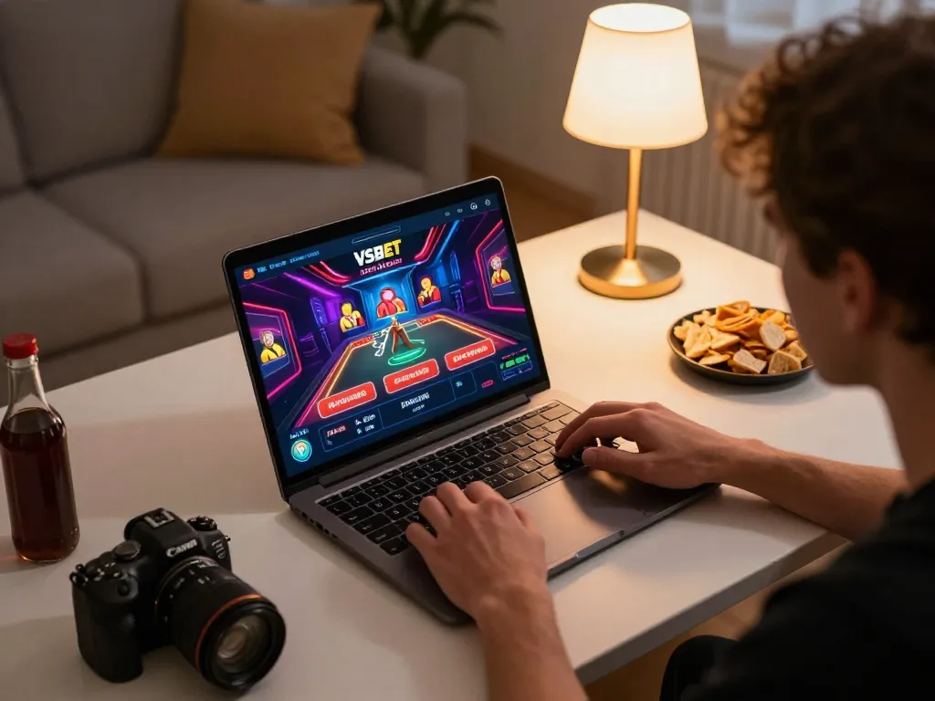 Player engaging with live dealer game on VSBET's app, showcasing a dynamic home gaming atmosphere.