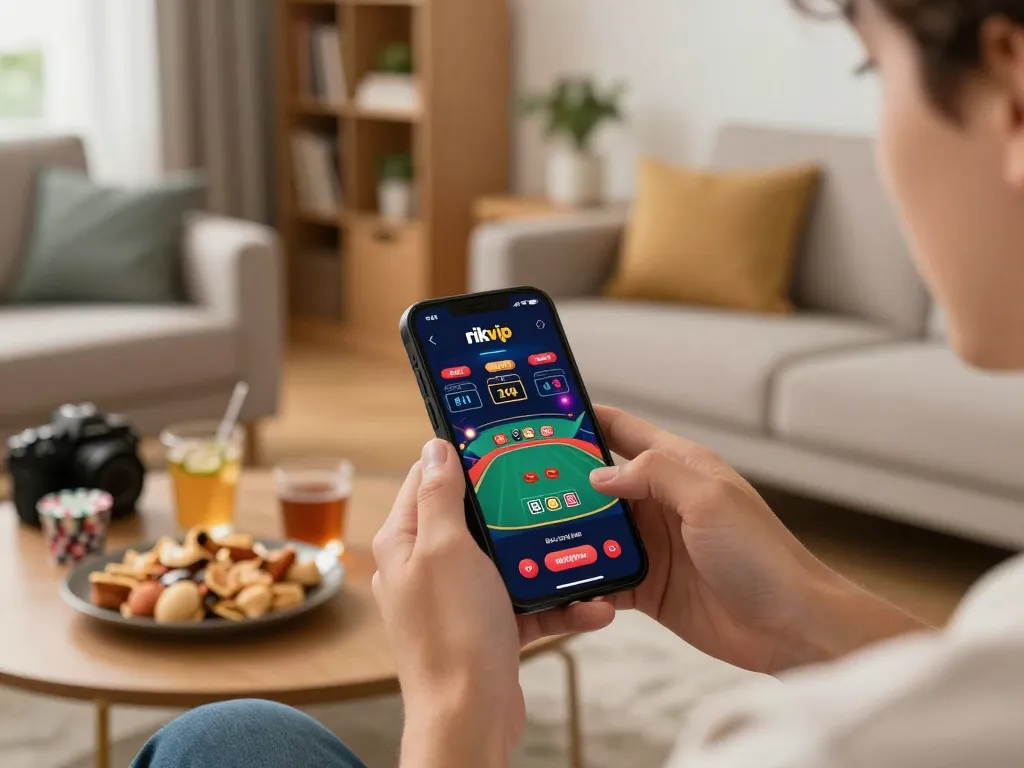 Enjoying online poker on rikvip mobile app in a cozy home environment.