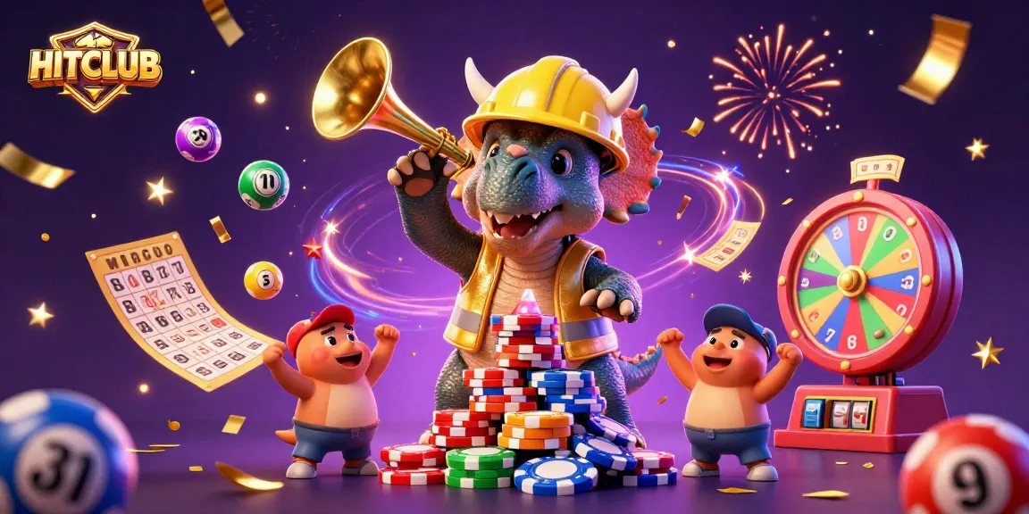 Join the celebration at HITCLUB with a triceratops and vibrant casino elements!
