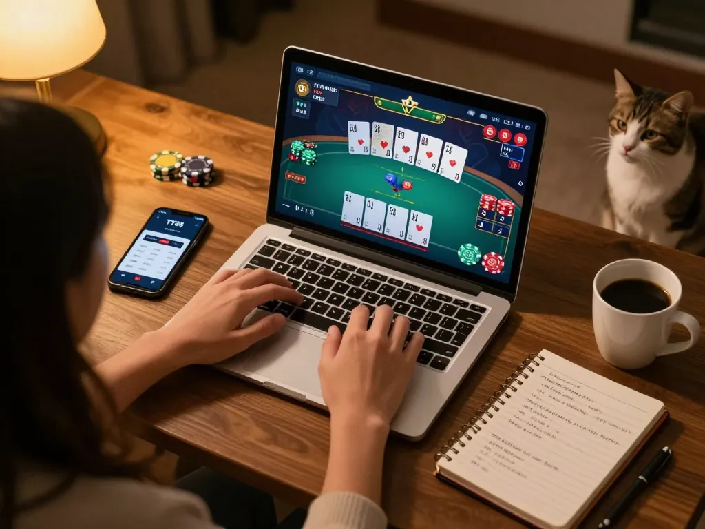 Gamer using TT88 app on laptop for online casino poker gameplay in a cozy room setting.