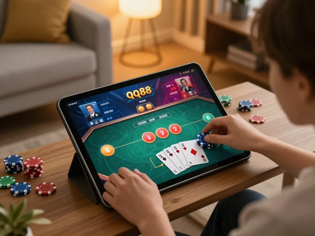 Player enjoying thrilling poker session on qq88 mobile app in cozy home environment.