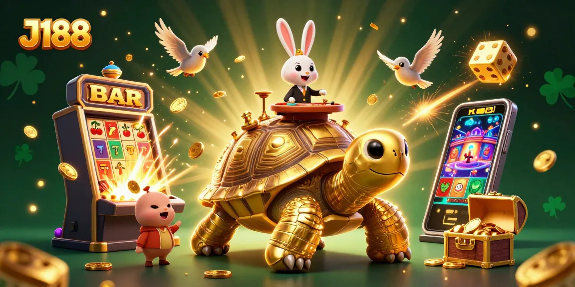 Engage with thrilling slots at J188, featuring vibrant golden tortoise casino scene and jackpot excitement.