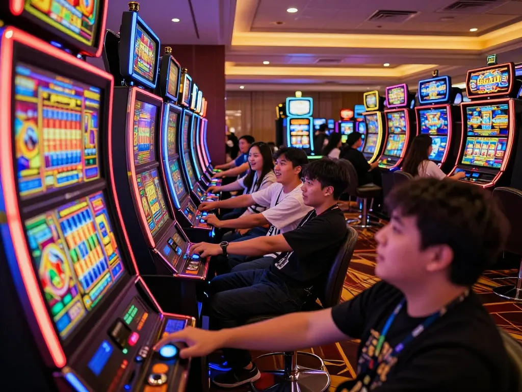 Engaging scene of players spinning Lucky88 slot machines in a lively casino atmosphere.