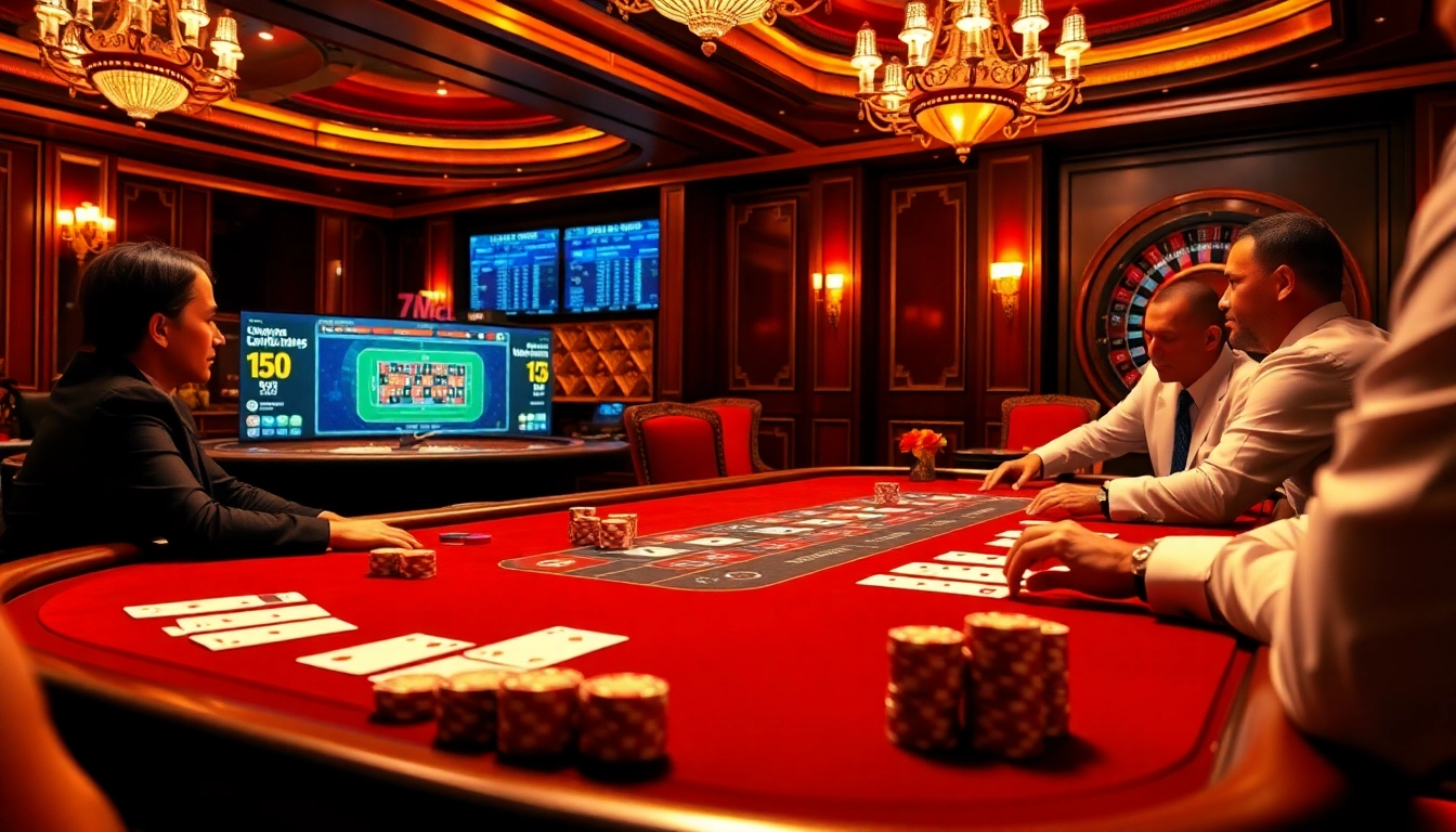 A high-stakes poker game scene featuring '7mcn' online gambling elements with vibrant casino ambiance.